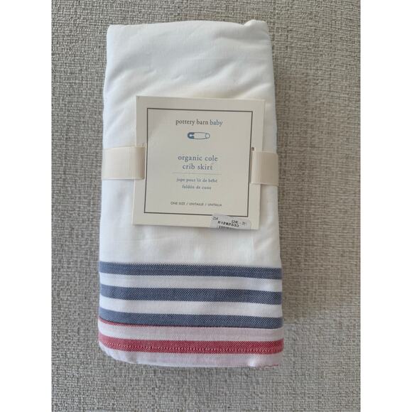 NWT Pottery Barn Baby Cole Crib Skirt Organic Cotton Red Blue Stripe Dust Ruffle - Picture 1 of 2